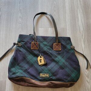 Dooney & Bourke Tartan Plaid Tote Bag Green & Black Leather Handles & Trim